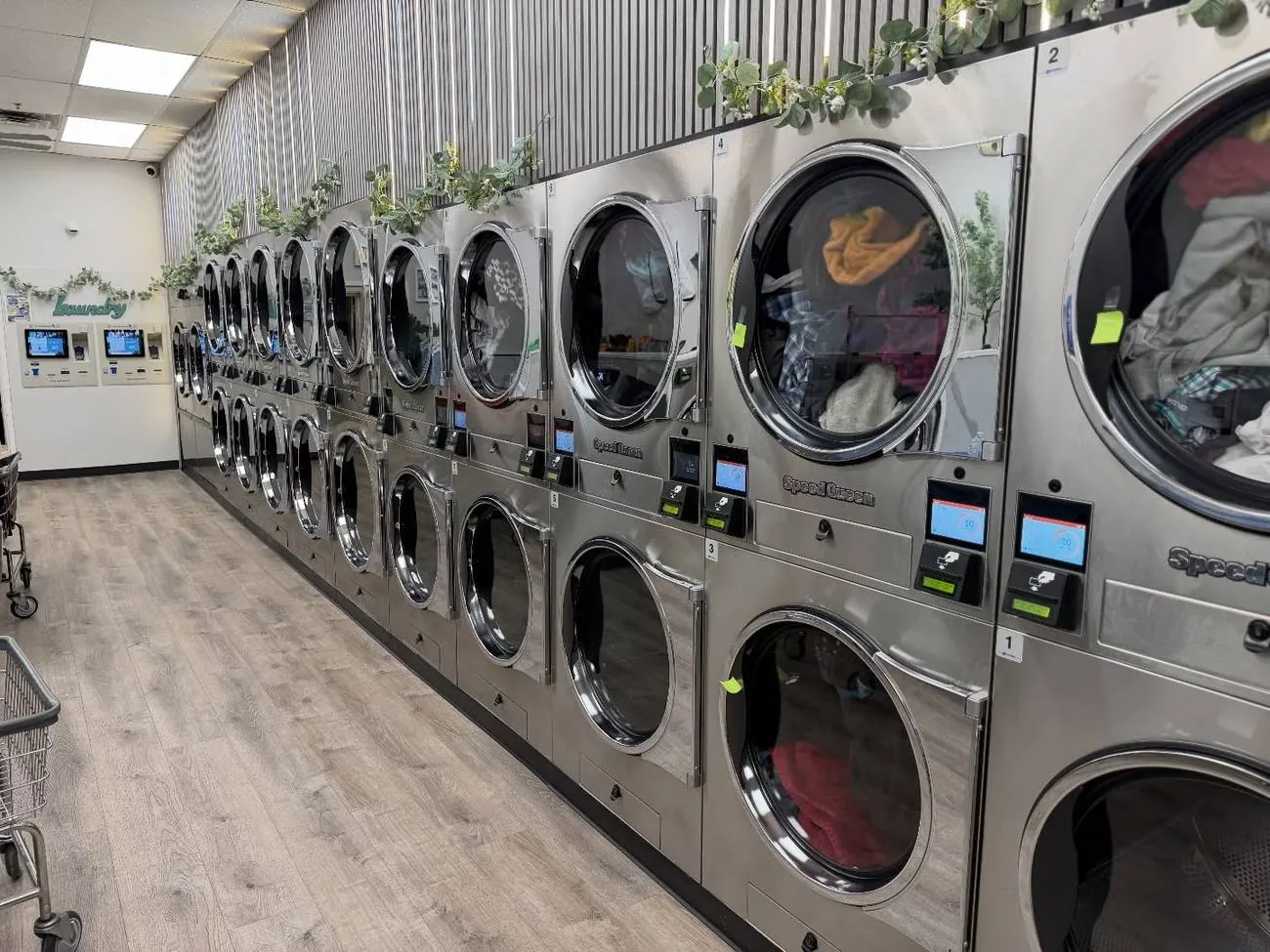 A long row of brand-new stacked Speed Queen dryers with greenery along the top at Newburgh Express Laundry